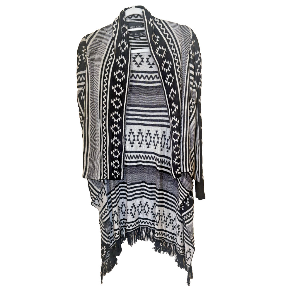 Maddison Black & Gray Sweater Aztec Cardigan Hooded Tassels Small Knit Jacket